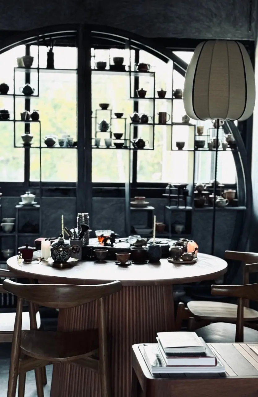 Round tea table set with teaware and books